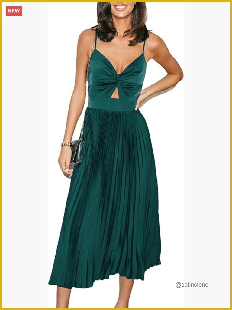 Midi Dress With Spaghetti Straps Sleeveless Pleated Cutout Formal Dress